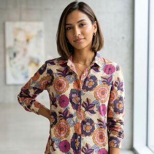 Magazine Multicolored Floral Pattern 100% Cotton Lightweight Long Sleeve Button